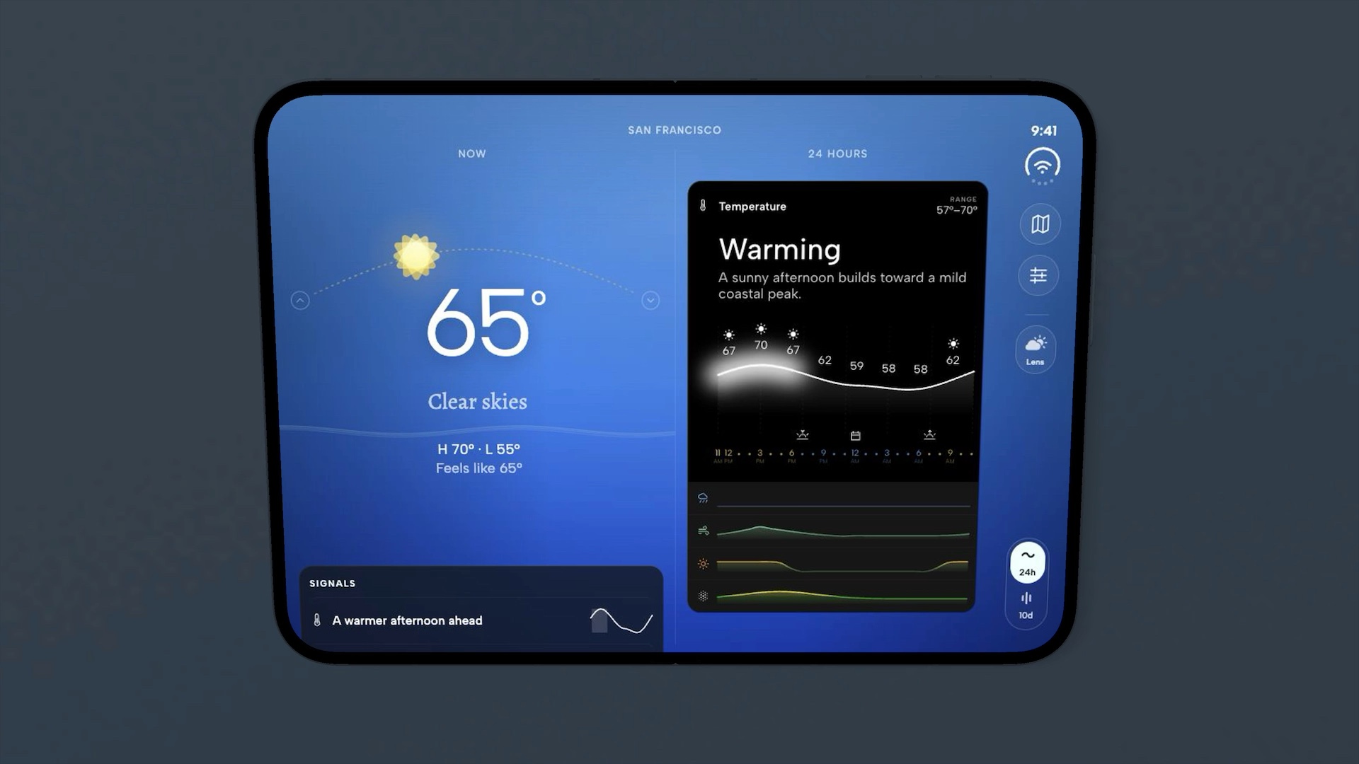 Weather Lens expanded on iPhone Duo, with current conditions beside the hourly forecast.